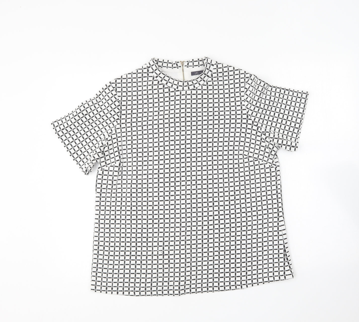 Marks and Spencer Womens Black Geometric Cotton Basic T-Shirt Size 14 Round Neck -