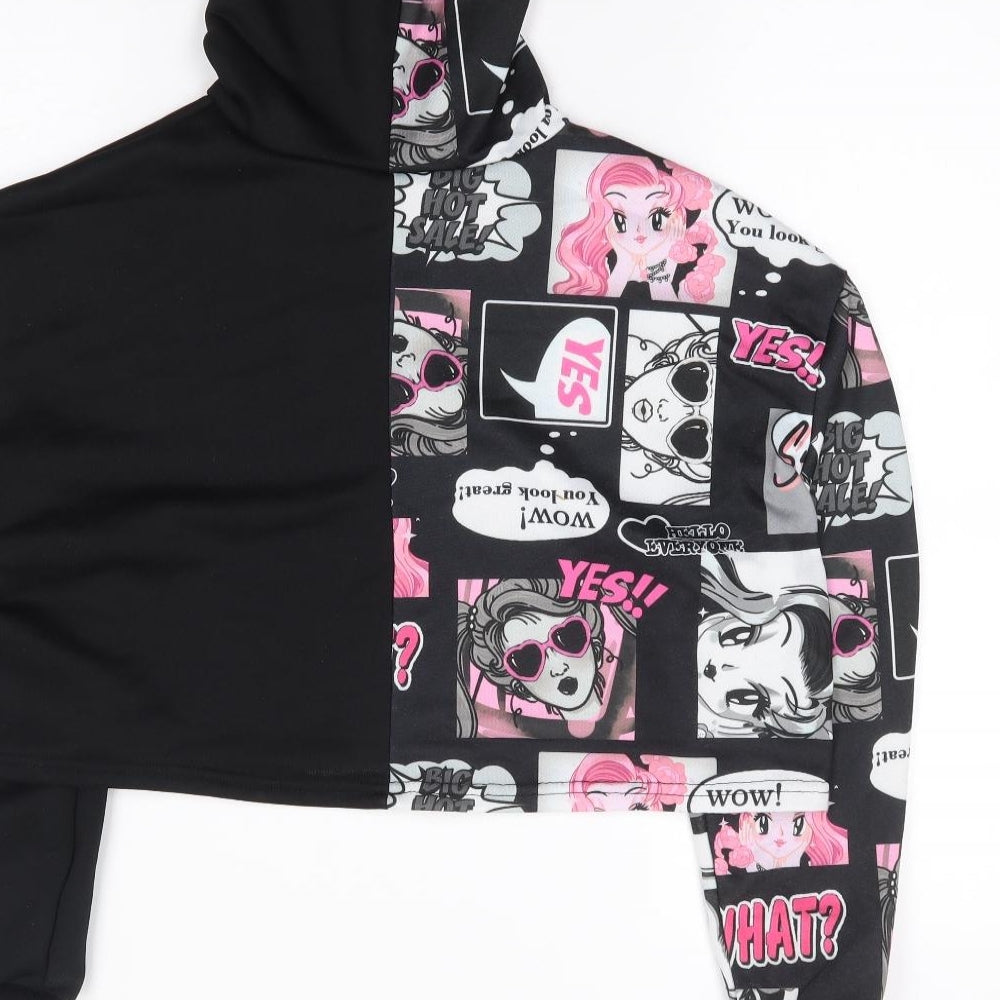 SheIn Girls Black Geometric Polyester Pullover Hoodie Size 12-13 Years Pullover - Anime