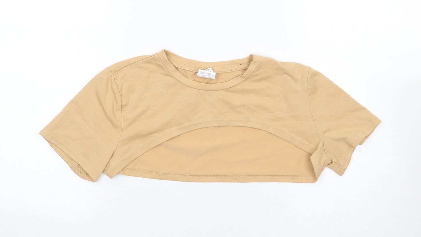 SheIn Girls Beige Polyester Cropped T-Shirt Size 12 Years Crew Neck Pullover