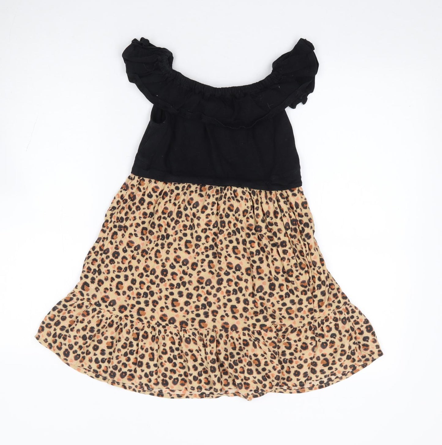 NEXT Girls Black Animal Print Cotton Fit & Flare Size 6 Years Off the Shoulder Pullover