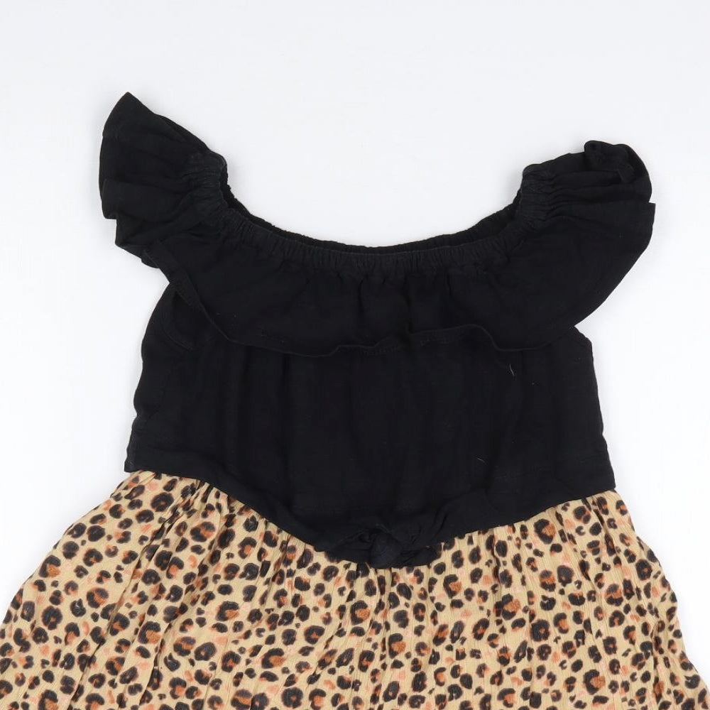 NEXT Girls Black Animal Print Cotton Fit & Flare Size 6 Years Off the Shoulder Pullover