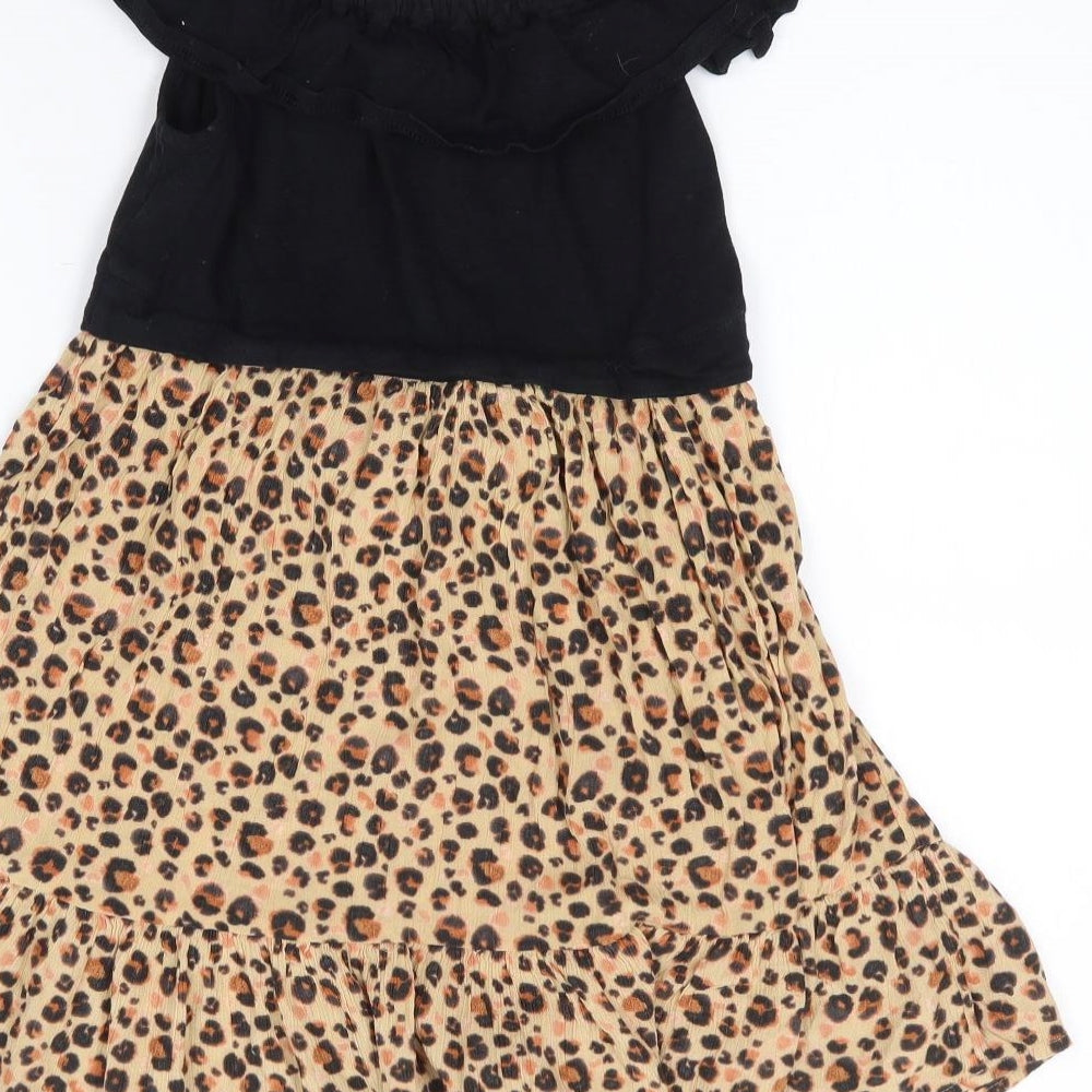 NEXT Girls Black Animal Print Cotton Fit & Flare Size 6 Years Off the Shoulder Pullover