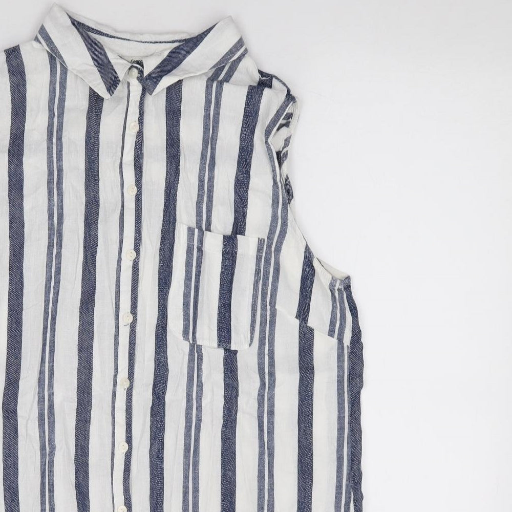 George Womens Ivory Striped Linen Jersey Button-Up Size 14 Collared