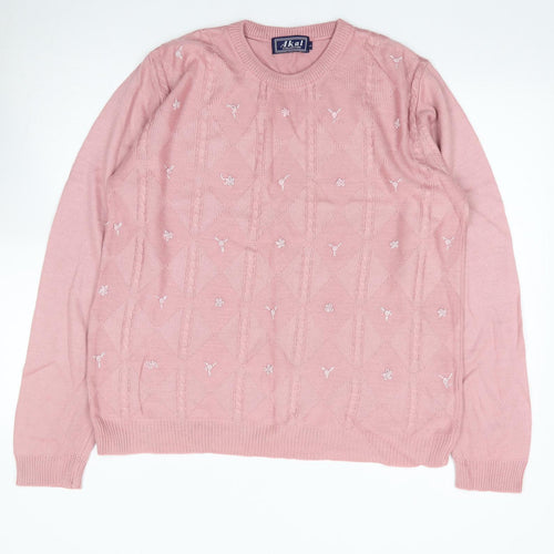 Akal Collection Womens Pink Crew Neck Floral Acrylic Pullover Jumper Size L