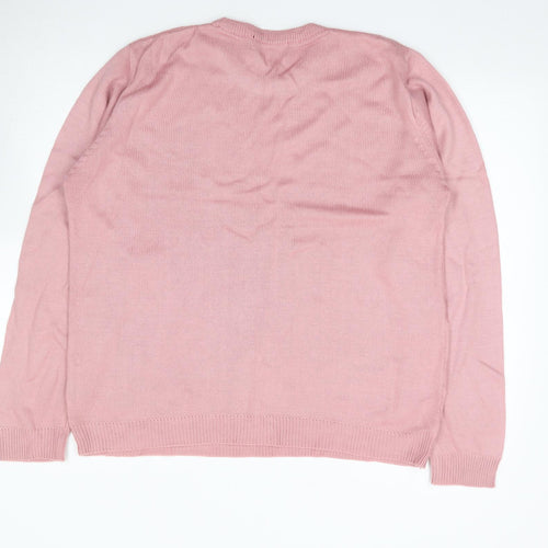 Akal Collection Womens Pink Crew Neck Floral Acrylic Pullover Jumper Size L
