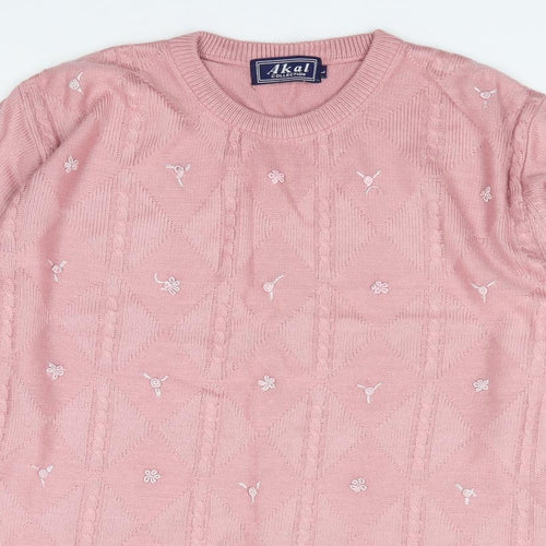 Akal Collection Womens Pink Crew Neck Floral Acrylic Pullover Jumper Size L