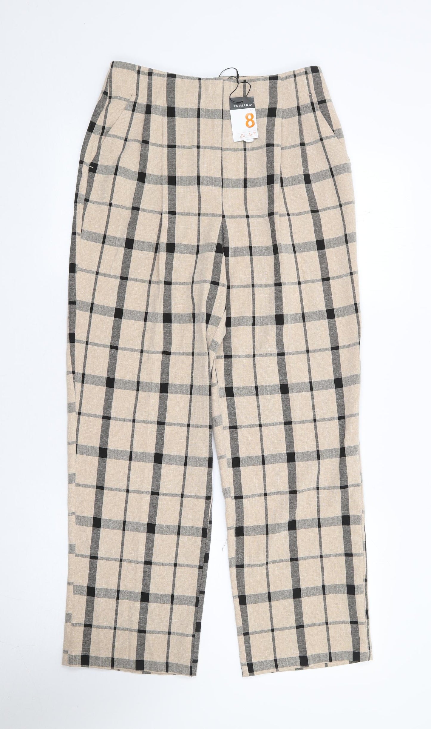 Primark Womens Beige Plaid Polyester Trousers Size 8 L28 in Regular Zip