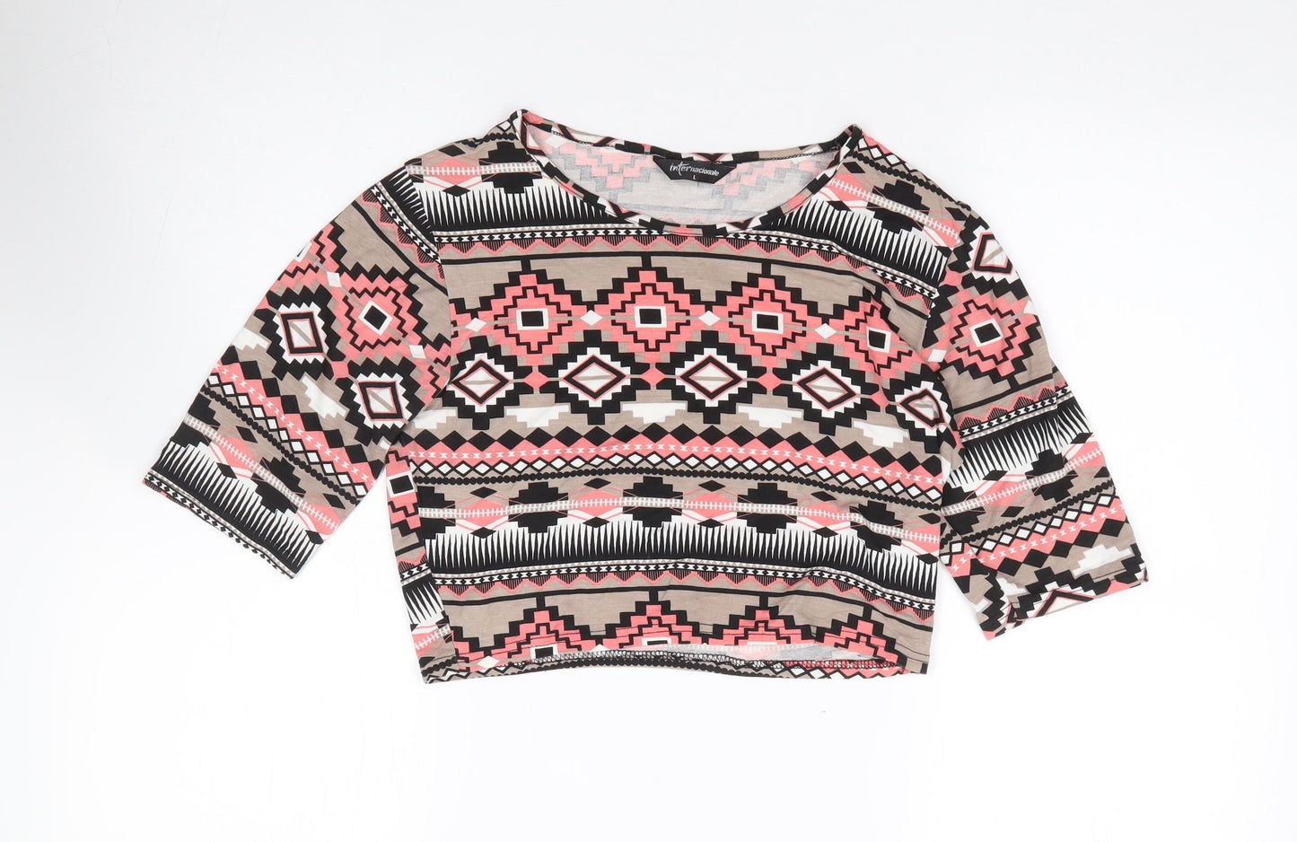 Internationale Womens Multicoloured Geometric Viscose Cropped T-Shirt Size L Round Neck