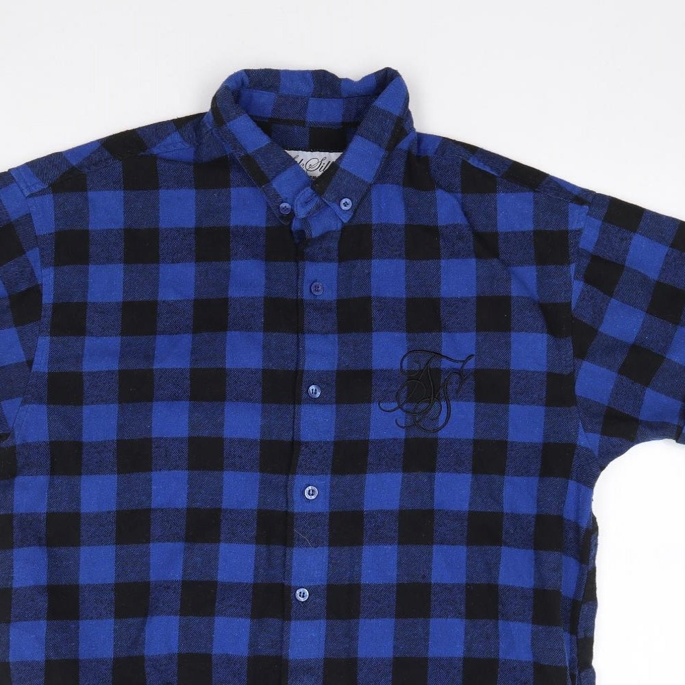Silk Silk Mens Blue Check Cotton Button-Up Size M Collared Button
