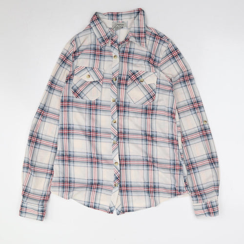 Passport Womens Ivory Plaid Polyester Jersey Button-Up Size S Collared