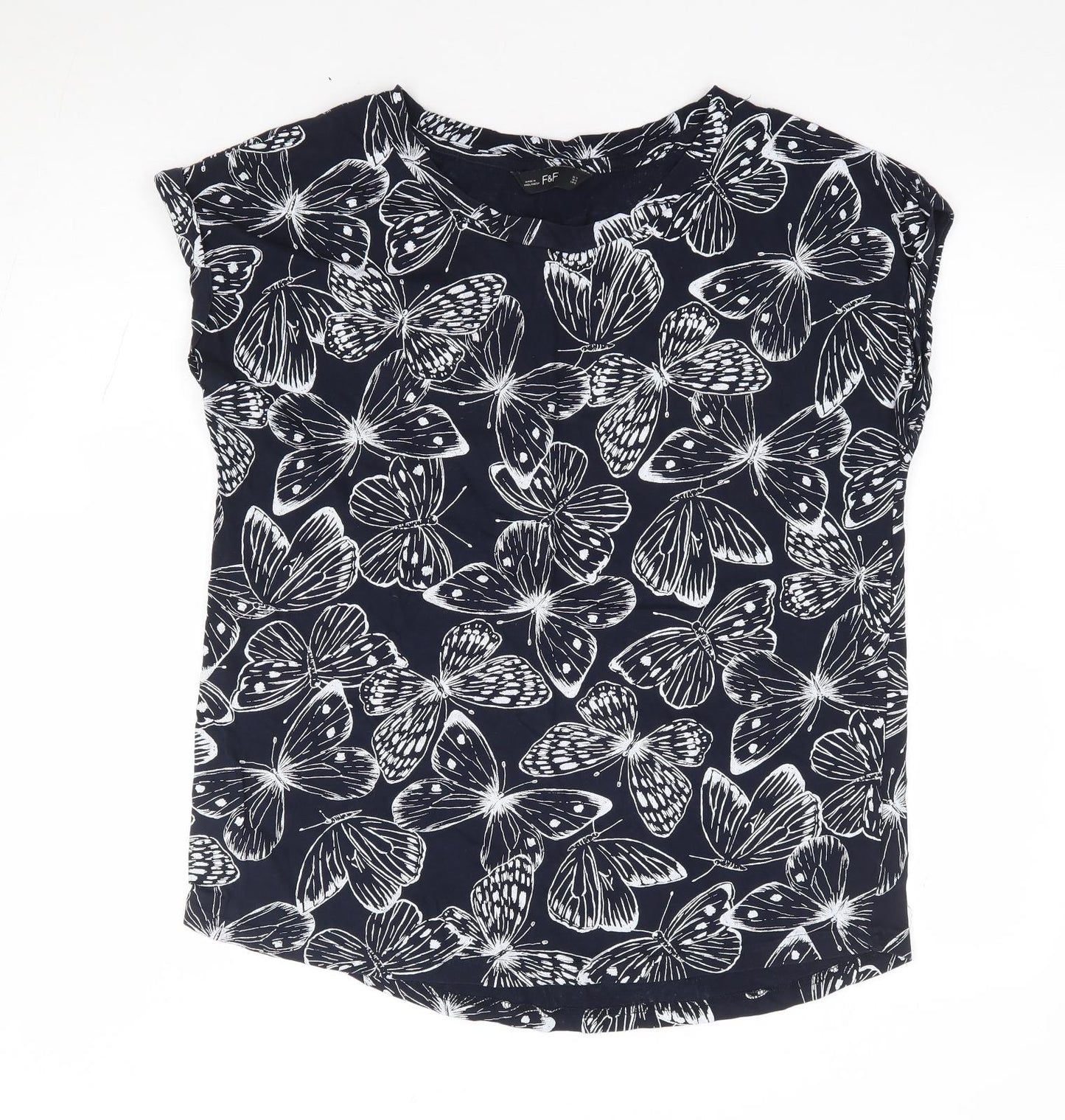 F&F Womens Blue Geometric 100% Cotton Jersey T-Shirt Size 14 Round Neck - Butterfly