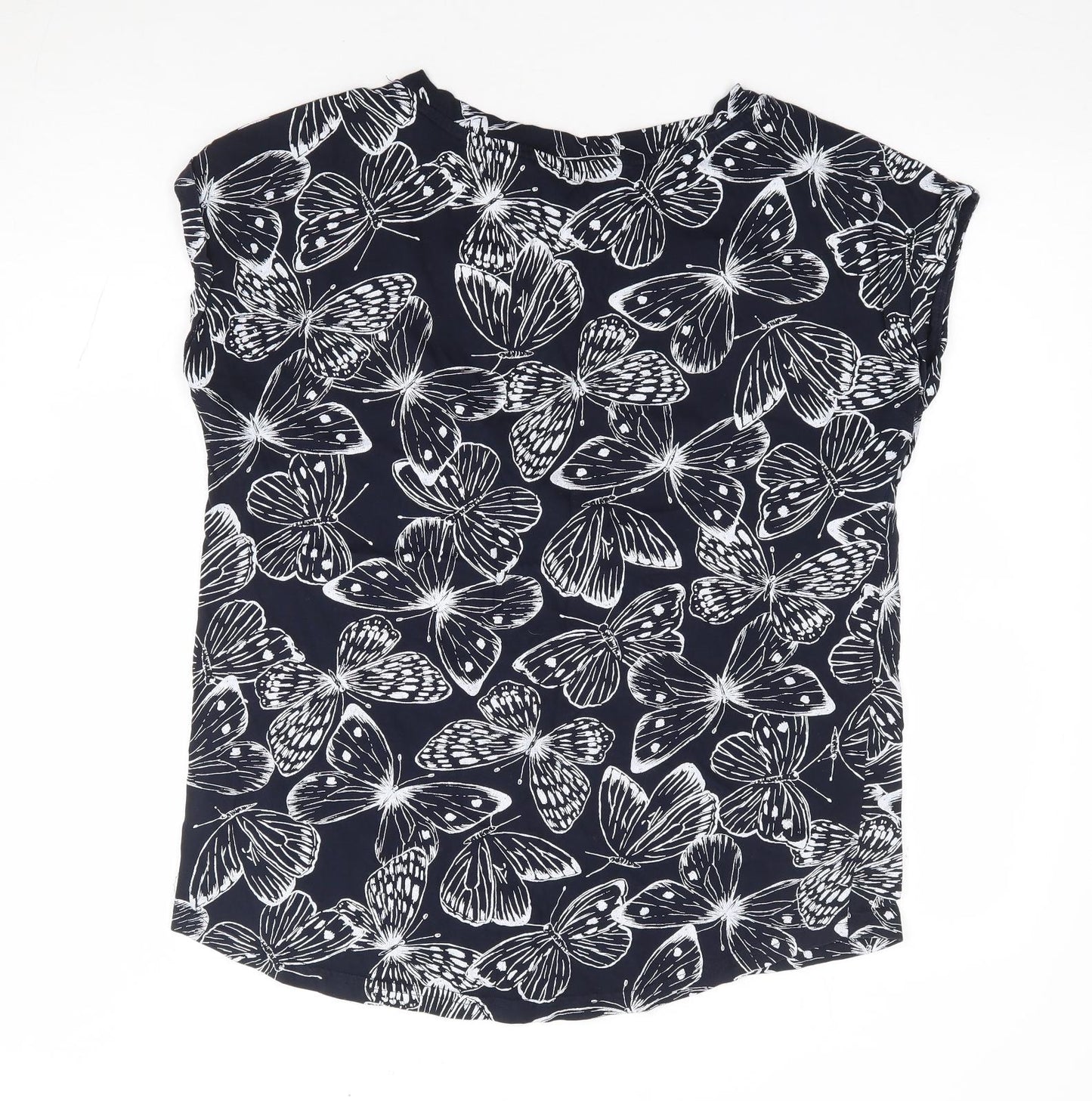 F&F Womens Blue Geometric 100% Cotton Jersey T-Shirt Size 14 Round Neck - Butterfly