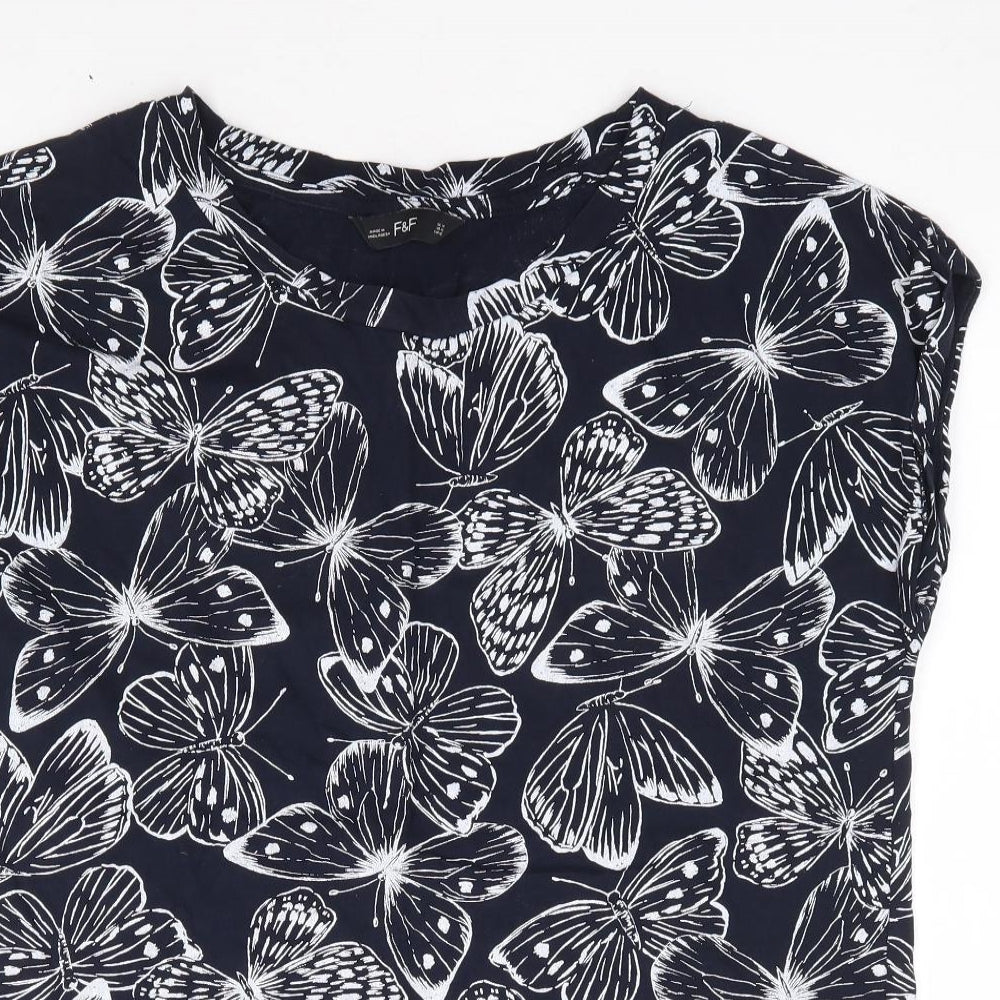 F&F Womens Blue Geometric 100% Cotton Jersey T-Shirt Size 14 Round Neck - Butterfly