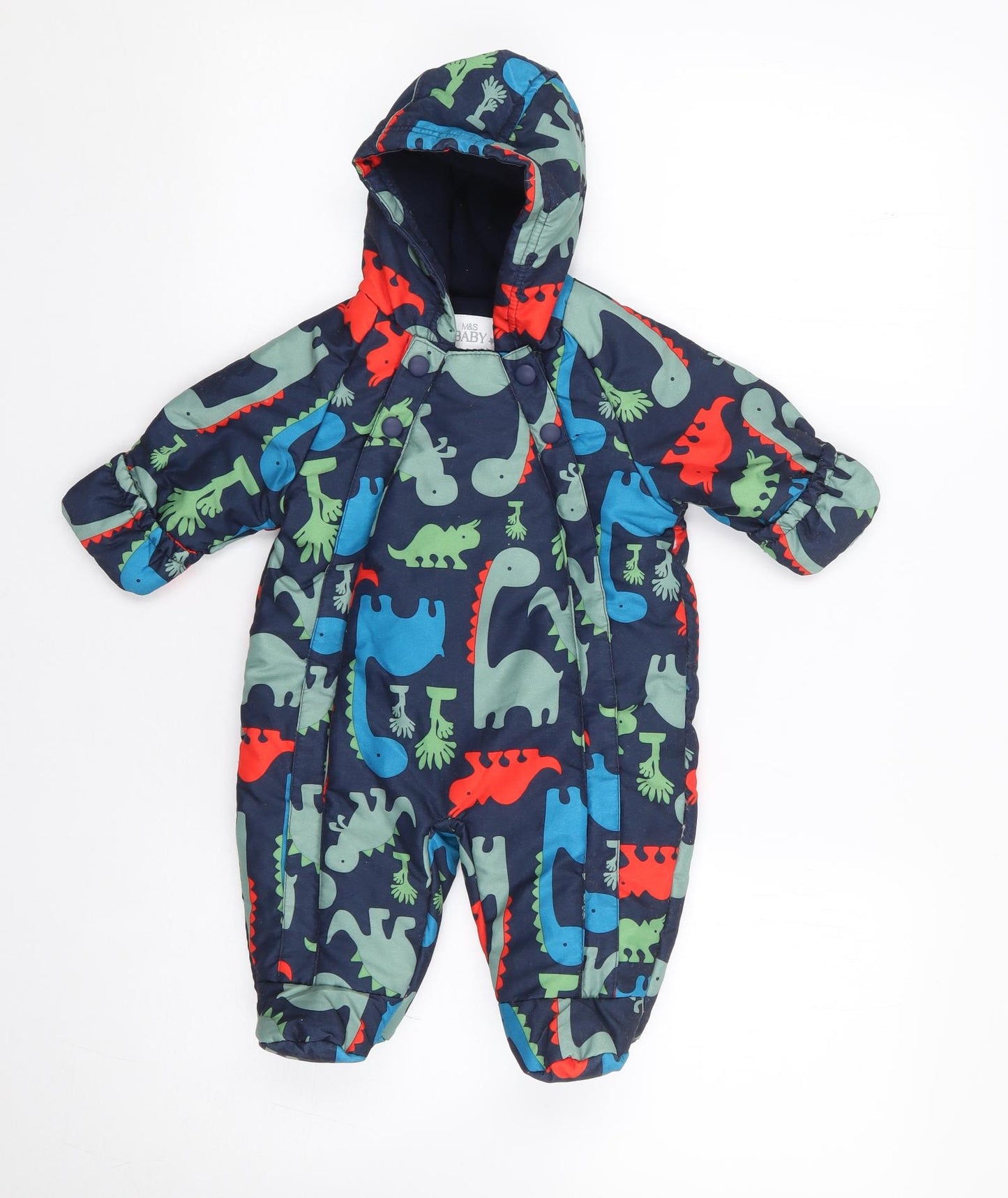 Marks and Spencer Boys Blue Geometric Jacket Snowsuit Size 0-3 Months Zip - Dinosaur
