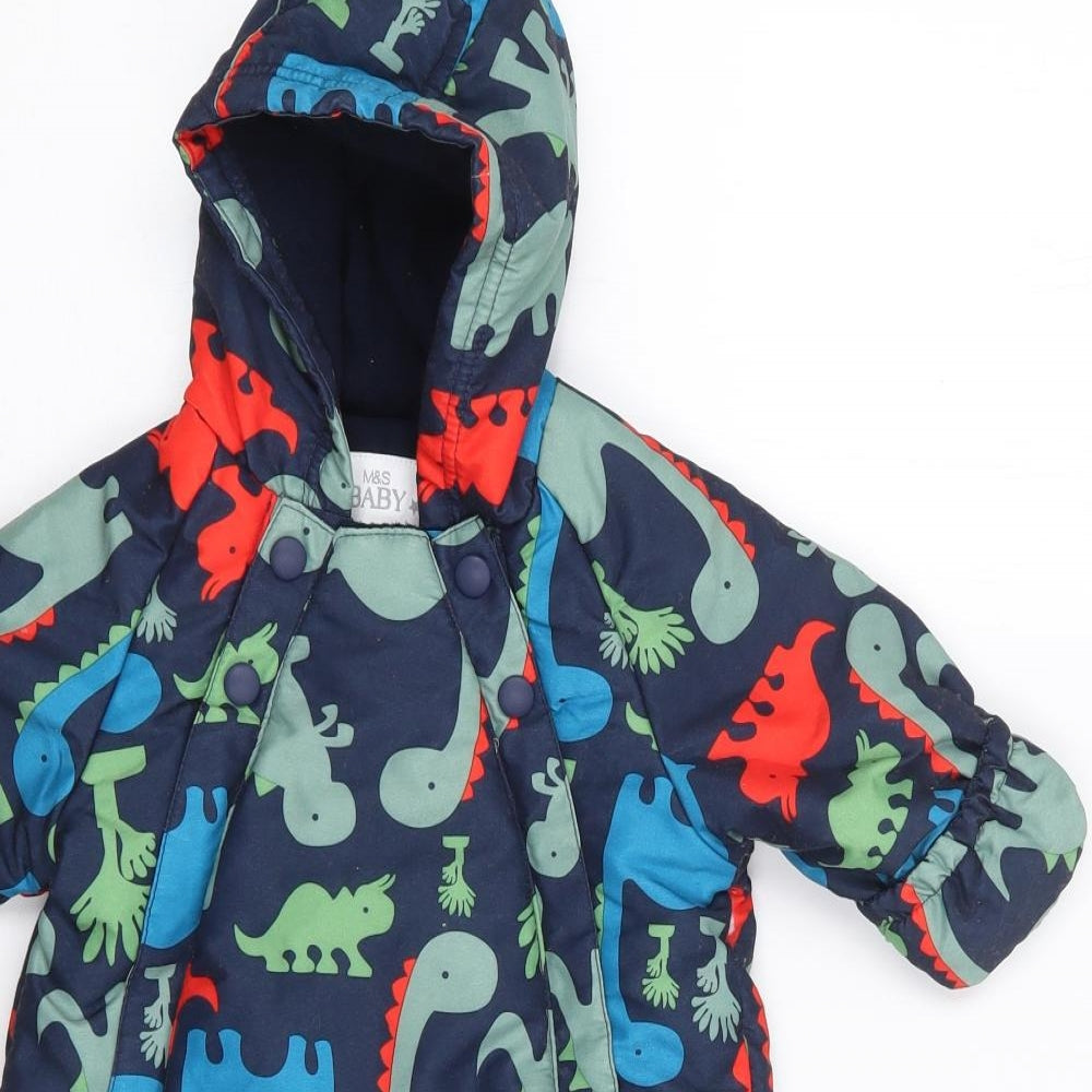 Marks and Spencer Boys Blue Geometric Jacket Snowsuit Size 0-3 Months Zip - Dinosaur