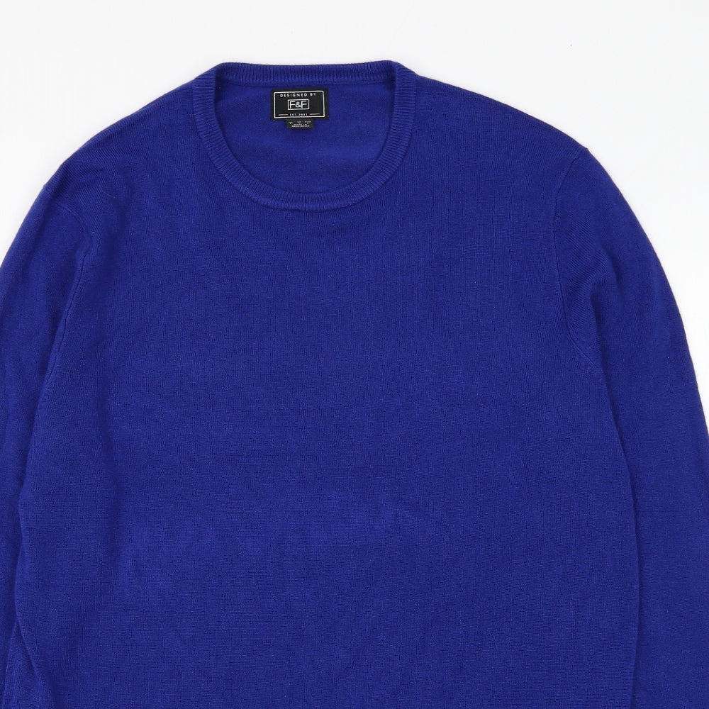 F&F Mens Blue Round Neck Acrylic Pullover Jumper Size L