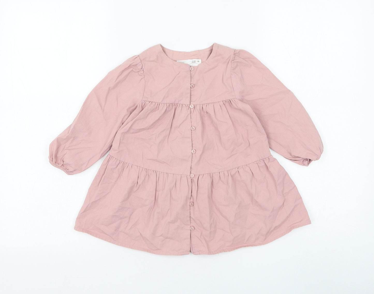 Zara Girls Pink Cotton Shirt Dress Size 18-24 Months Round Neck Button
