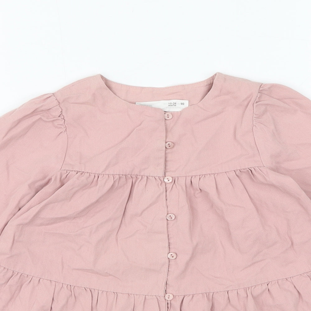 Zara Girls Pink Cotton Shirt Dress Size 18-24 Months Round Neck Button