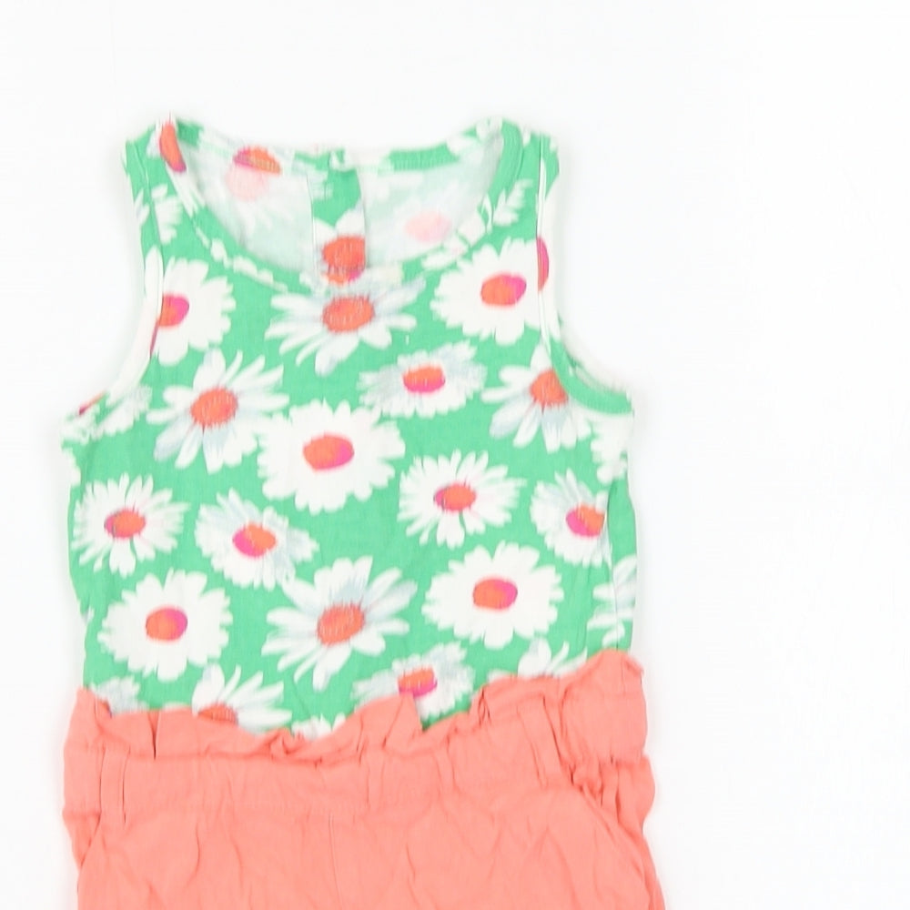 Preworn Girls Green Floral Cotton Romper One-Piece Size 12-18 Months Button