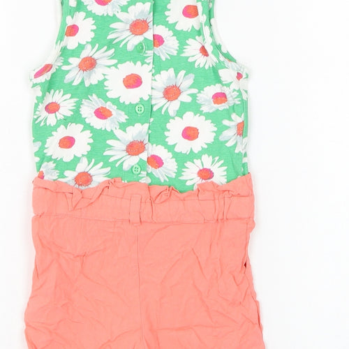 Preworn Girls Green Floral Cotton Romper One-Piece Size 12-18 Months Button