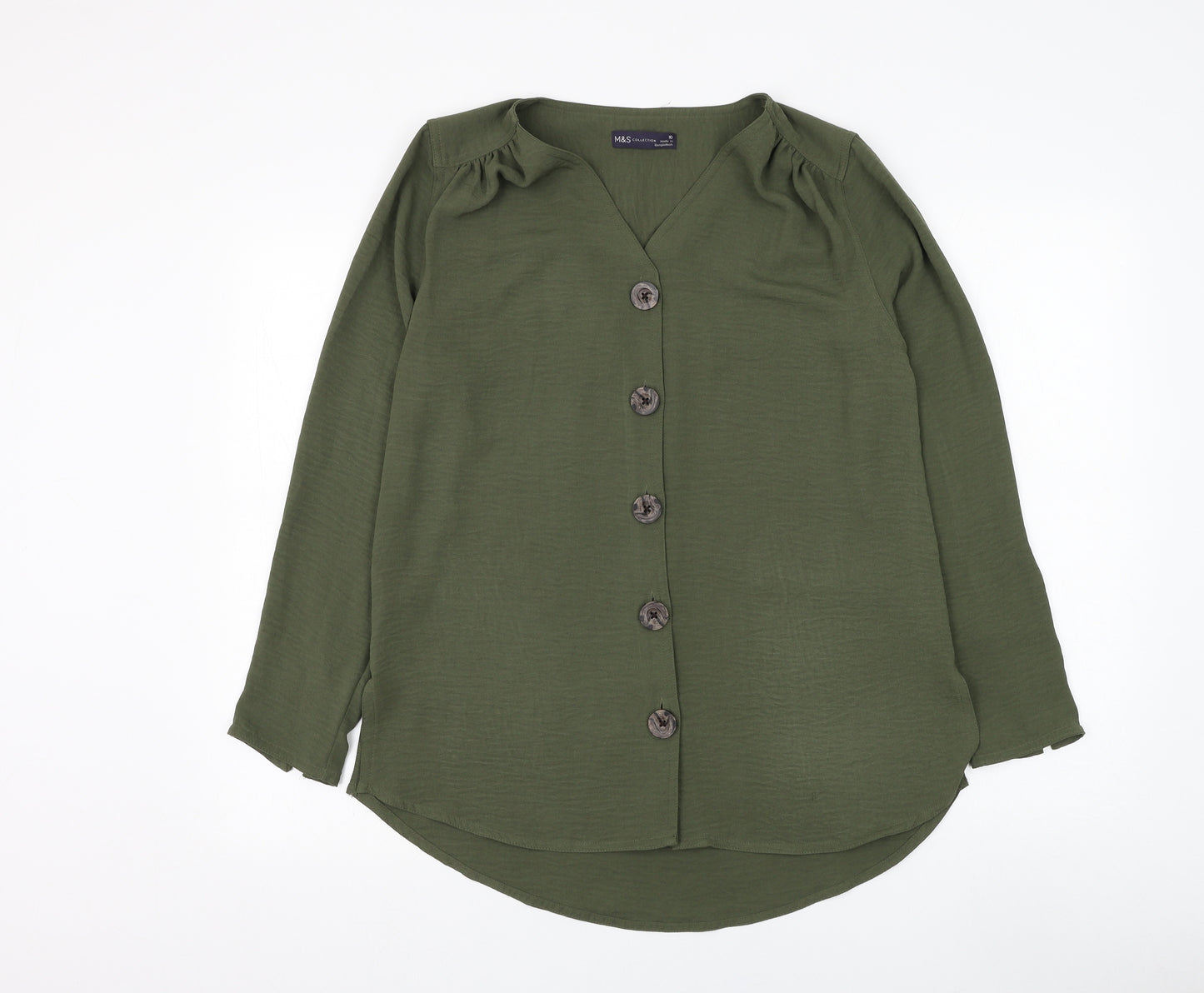Marks and Spencer Womens Green Polyester Basic Button-Up Size 10 V-Neck