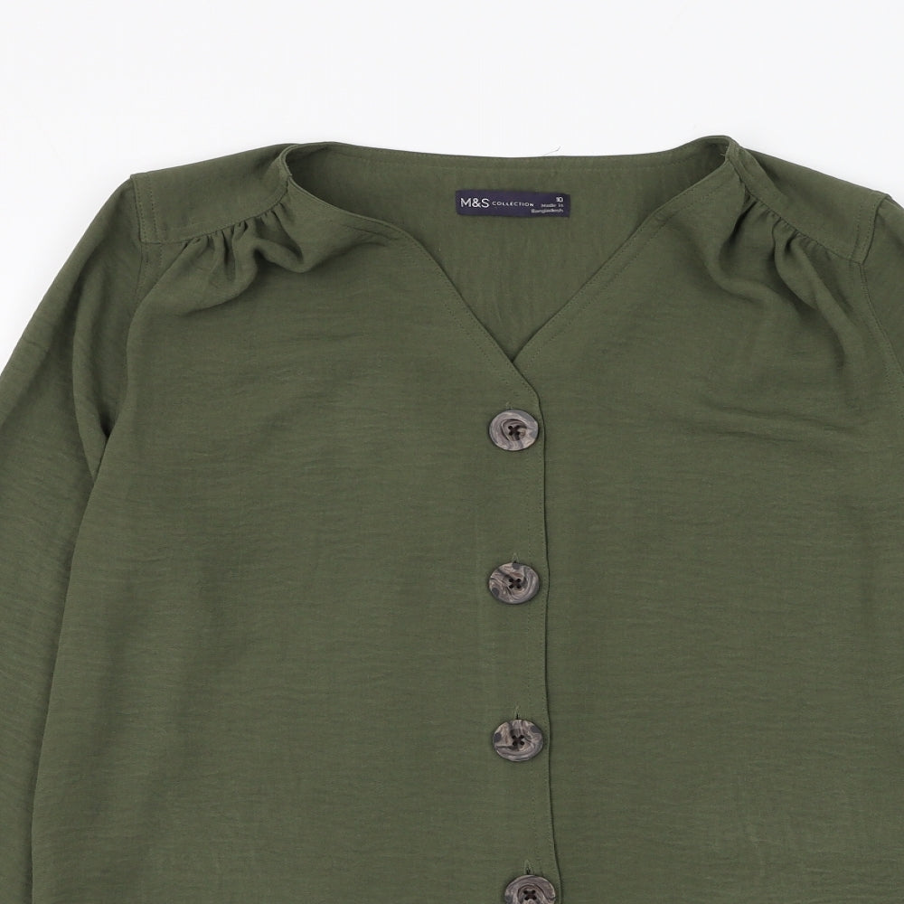 Marks and Spencer Womens Green Polyester Basic Button-Up Size 10 V-Neck