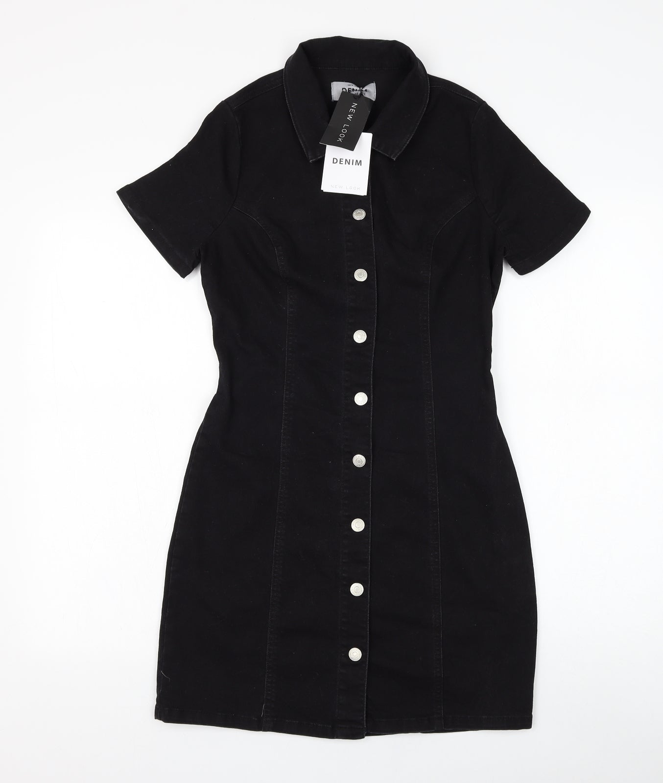 New Look Womens Black Cotton Shirt Dress Size 10 Collared Button