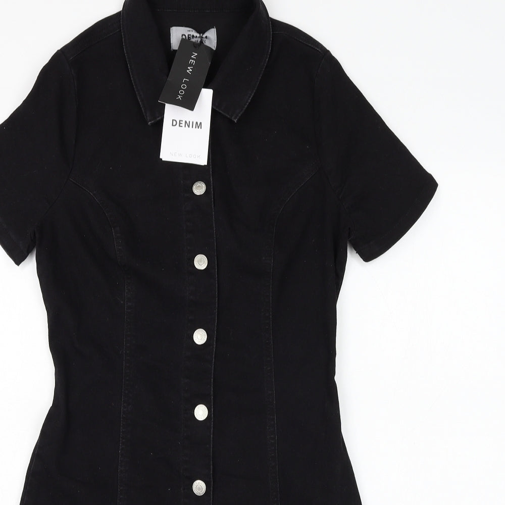New Look Womens Black Cotton Shirt Dress Size 10 Collared Button
