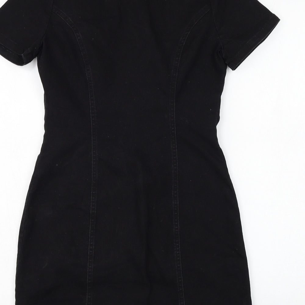 New Look Womens Black Cotton Shirt Dress Size 10 Collared Button