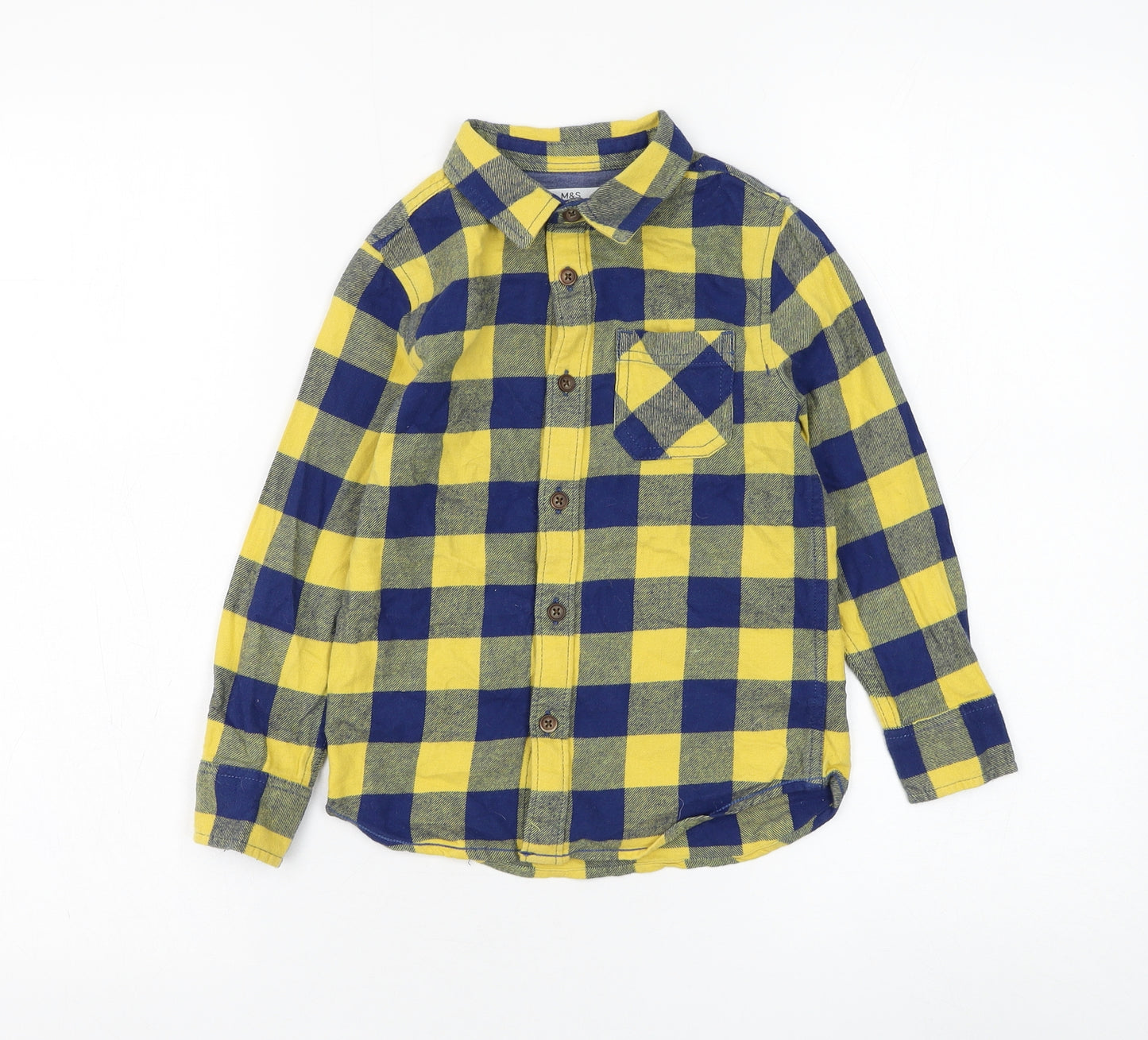 Marks and Spencer Boys Blue Check Cotton Basic Button-Up Size 5-6 Years Collared Button