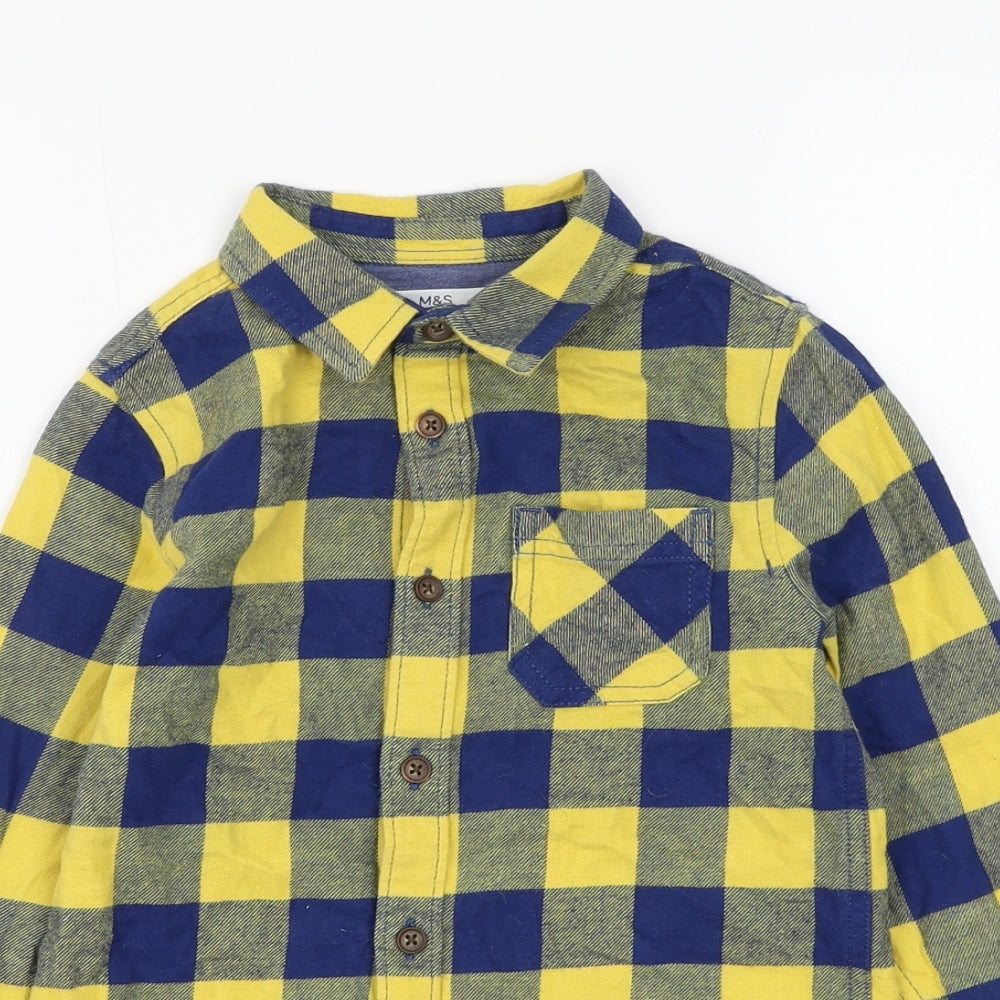 Marks and Spencer Boys Blue Check Cotton Basic Button-Up Size 5-6 Years Collared Button