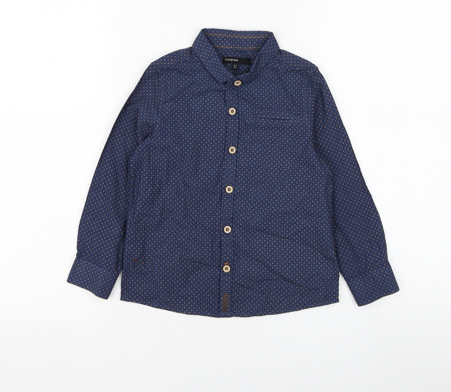 Marks and Spencer Boys Blue Geometric Cotton Basic Button-Up Size 4-5 Years Collared Button