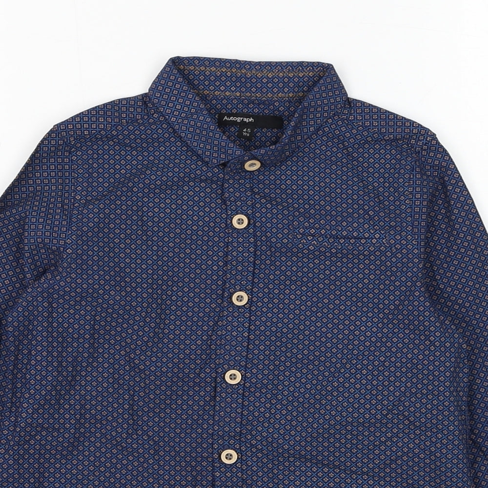 Marks and Spencer Boys Blue Geometric Cotton Basic Button-Up Size 4-5 Years Collared Button