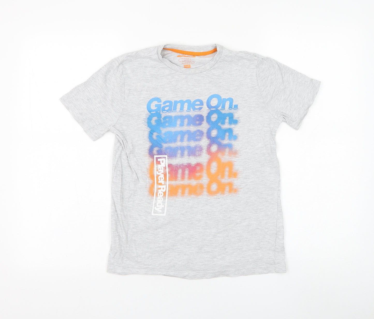 F&F Boys Grey Cotton Basic T-Shirt Size 10-11 Years Round Neck Pullover - Game on