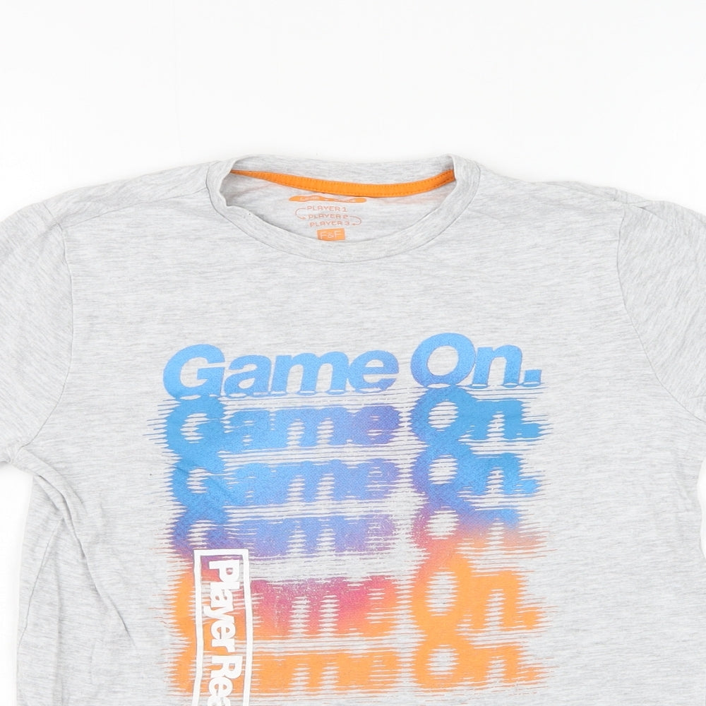 F&F Boys Grey Cotton Basic T-Shirt Size 10-11 Years Round Neck Pullover - Game on