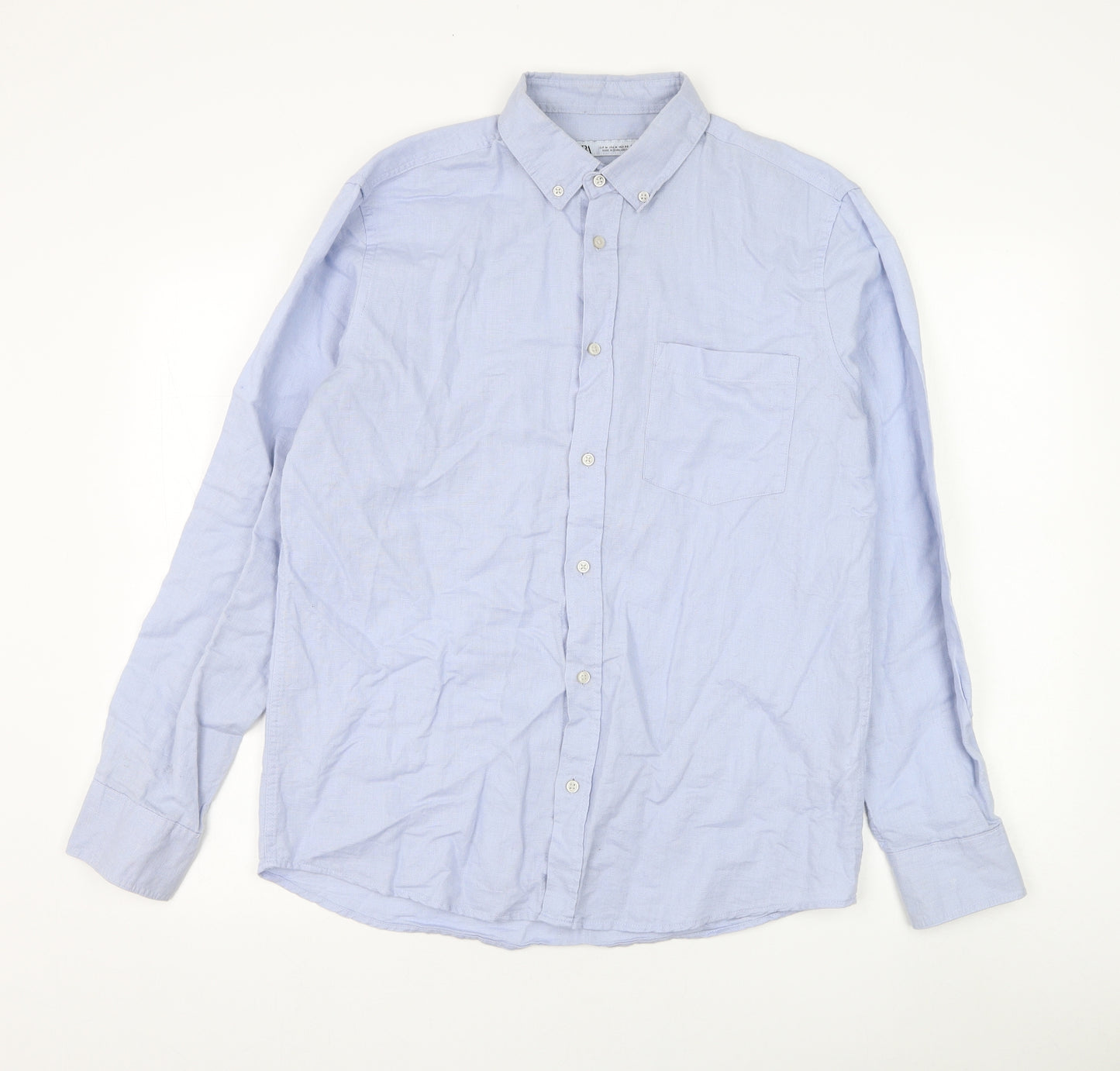 Zara Mens Blue Linen Dress Shirt Size M Collared Button