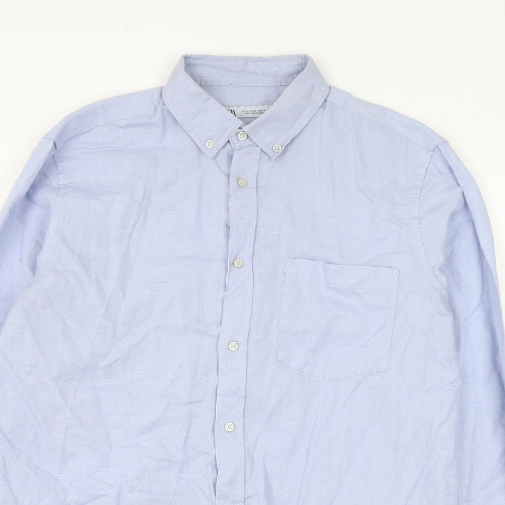 Zara Mens Blue Linen Dress Shirt Size M Collared Button