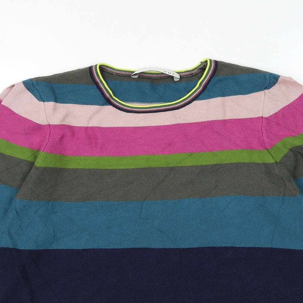 Oui Womens Blue Round Neck Striped Viscose Pullover Jumper Size 8