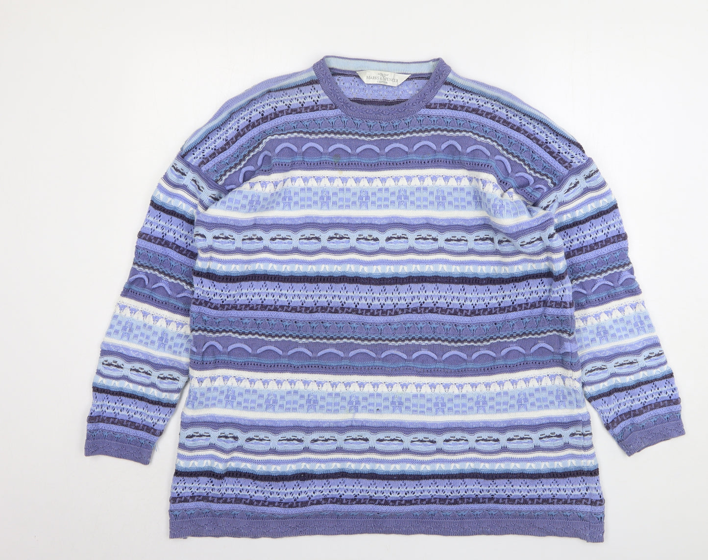 Marks and Spencer Womens Blue Round Neck Striped Cotton Pullover Jumper Size 18