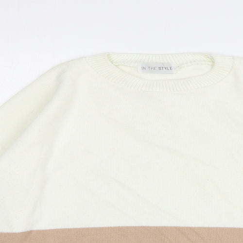 In The Style Womens Beige Round Neck Striped Acrylic Pullover Jumper Size 8