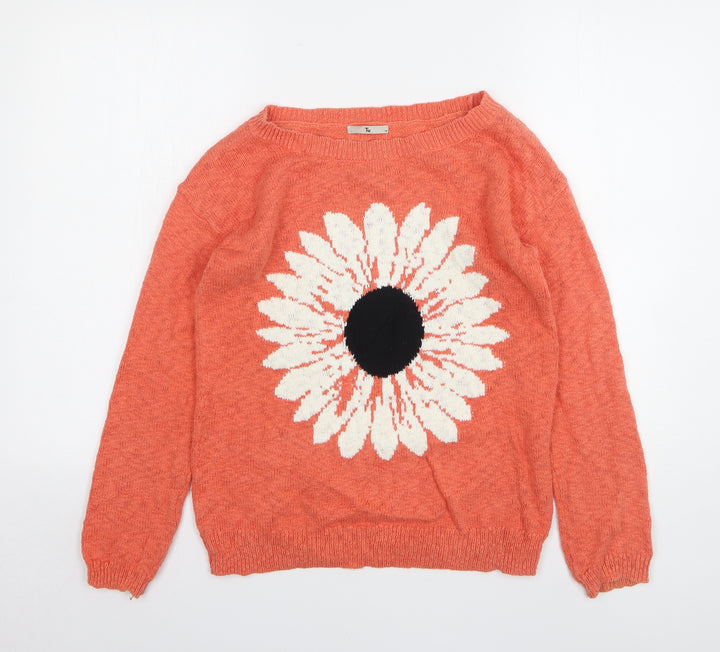TU Womens Orange Round Neck Floral Cotton Pullover Jumper Size 10