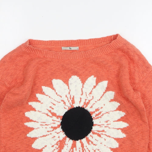 TU Womens Orange Round Neck Floral Cotton Pullover Jumper Size 10