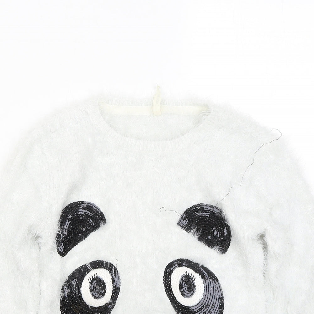 Young Dimension Girls White Round Neck Polyester Pullover Jumper Size 6-7 Years - Panda