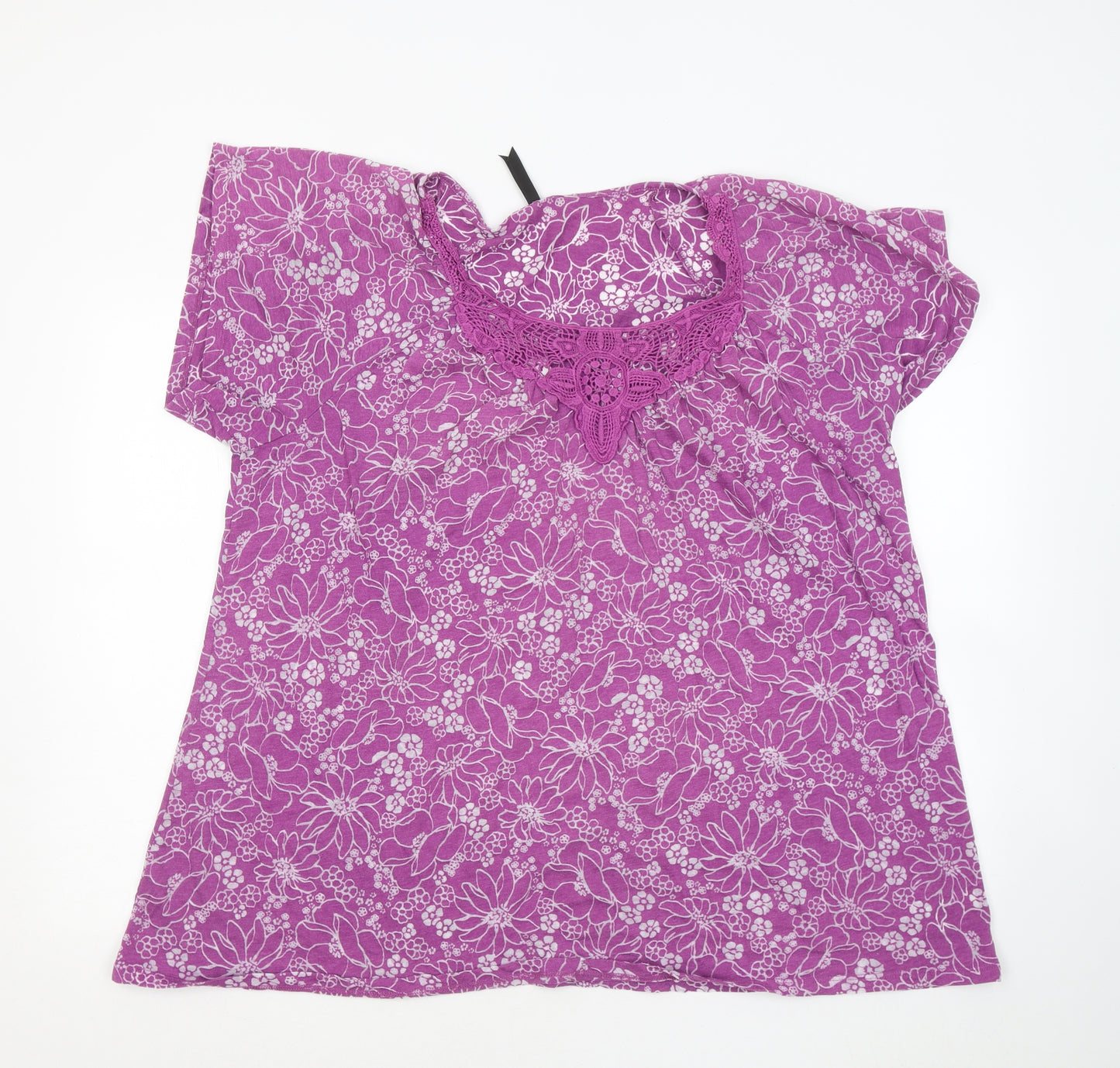 Marks and Spencer Womens Purple Floral Cotton Basic T-Shirt Size 22 Round Neck