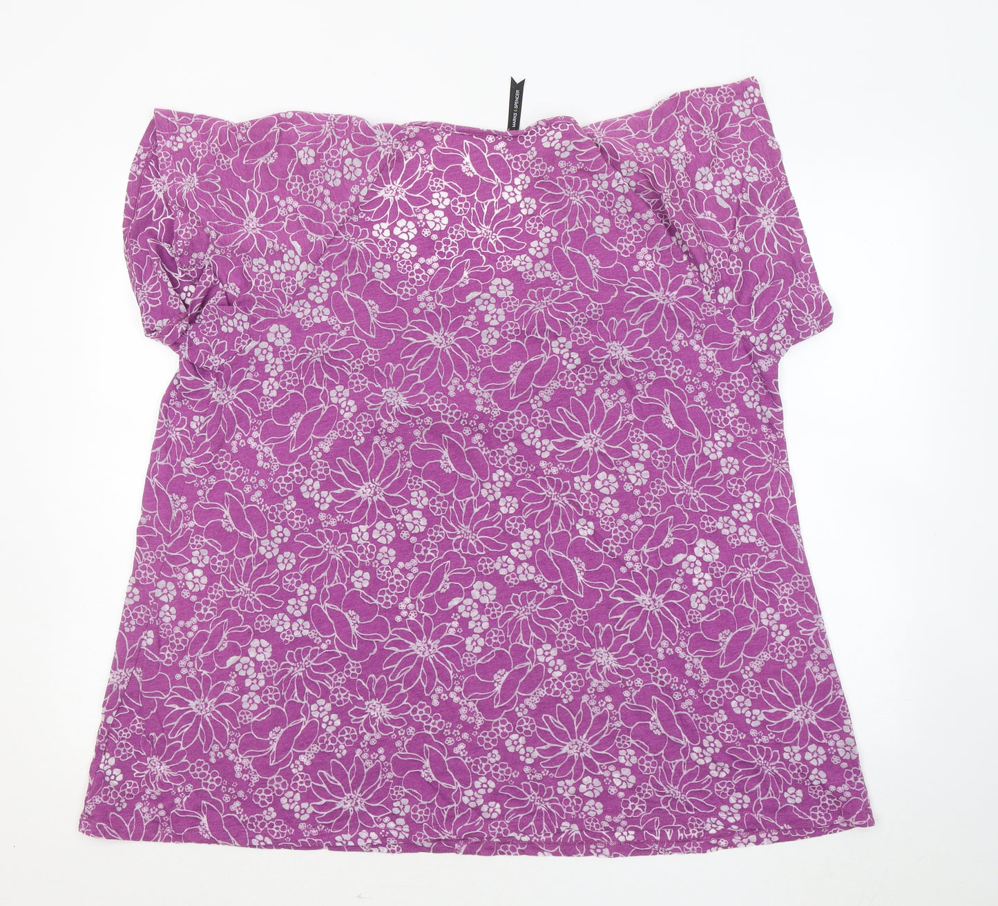 Marks and Spencer Womens Purple Floral Cotton Basic T-Shirt Size 22 Round Neck