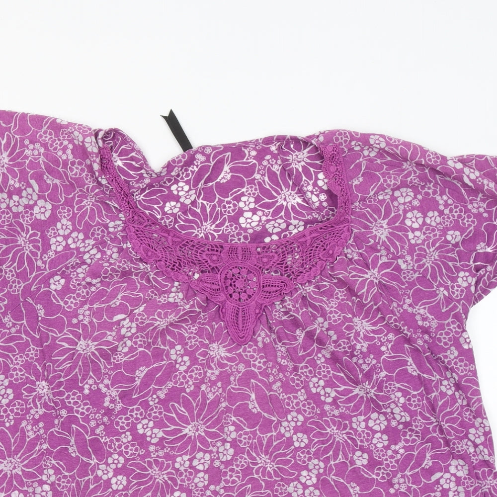 Marks and Spencer Womens Purple Floral Cotton Basic T-Shirt Size 22 Round Neck