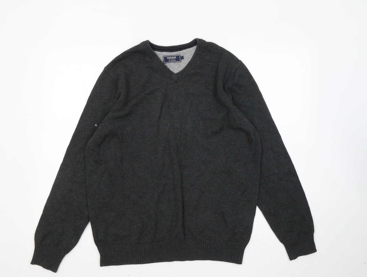Maine Mens Grey V-Neck Cotton Pullover Jumper Size L