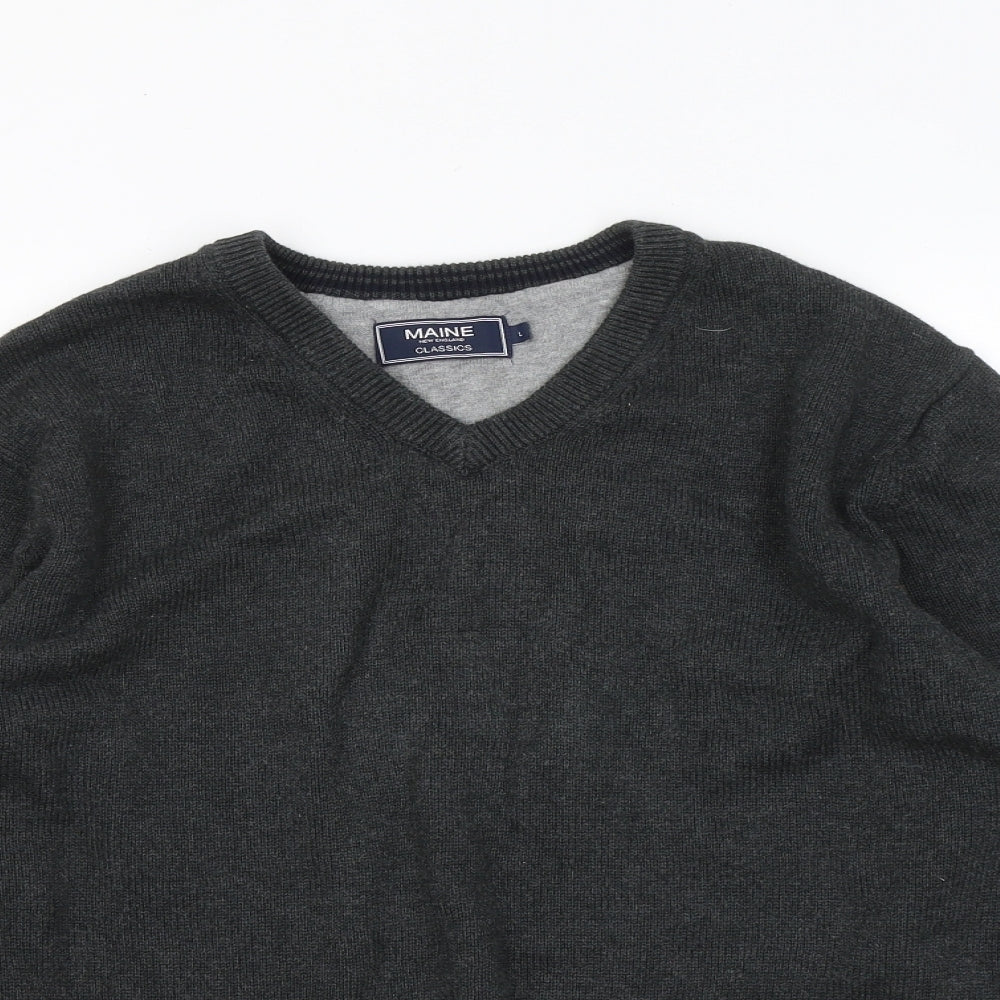 Maine Mens Grey V-Neck Cotton Pullover Jumper Size L