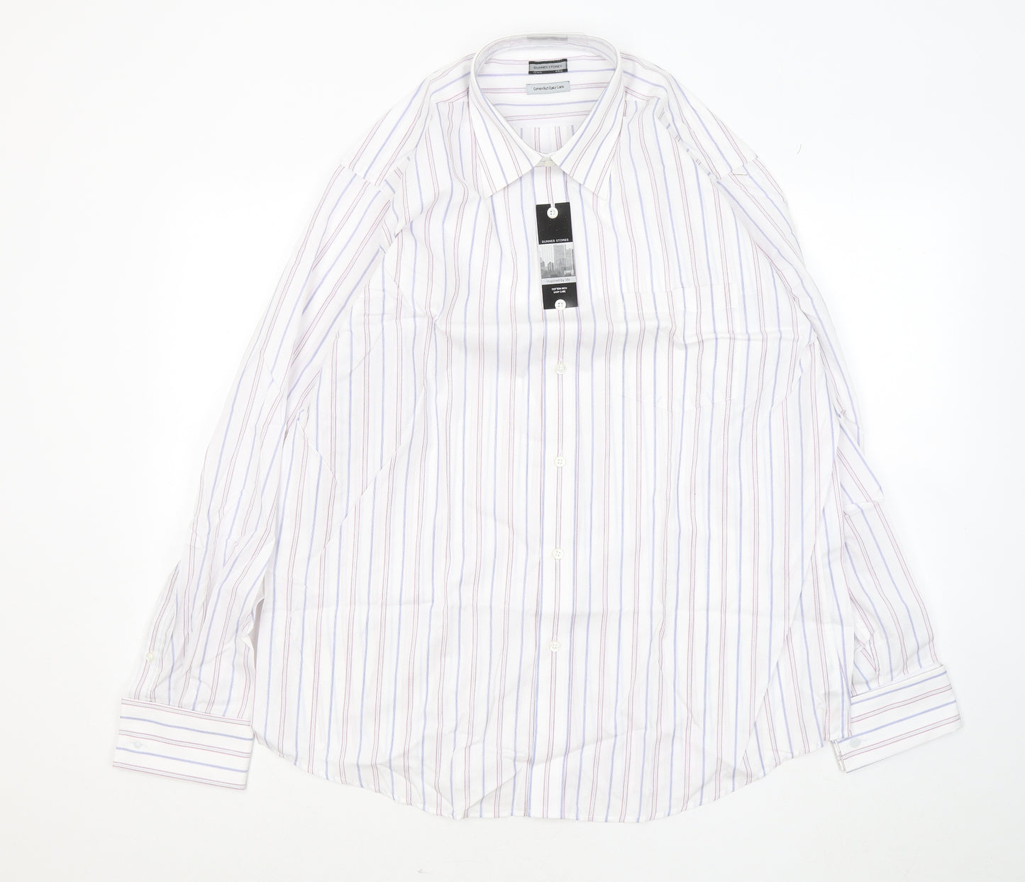Dunnes Stores Mens White Striped Cotton Button-Up Size 17 Collared
