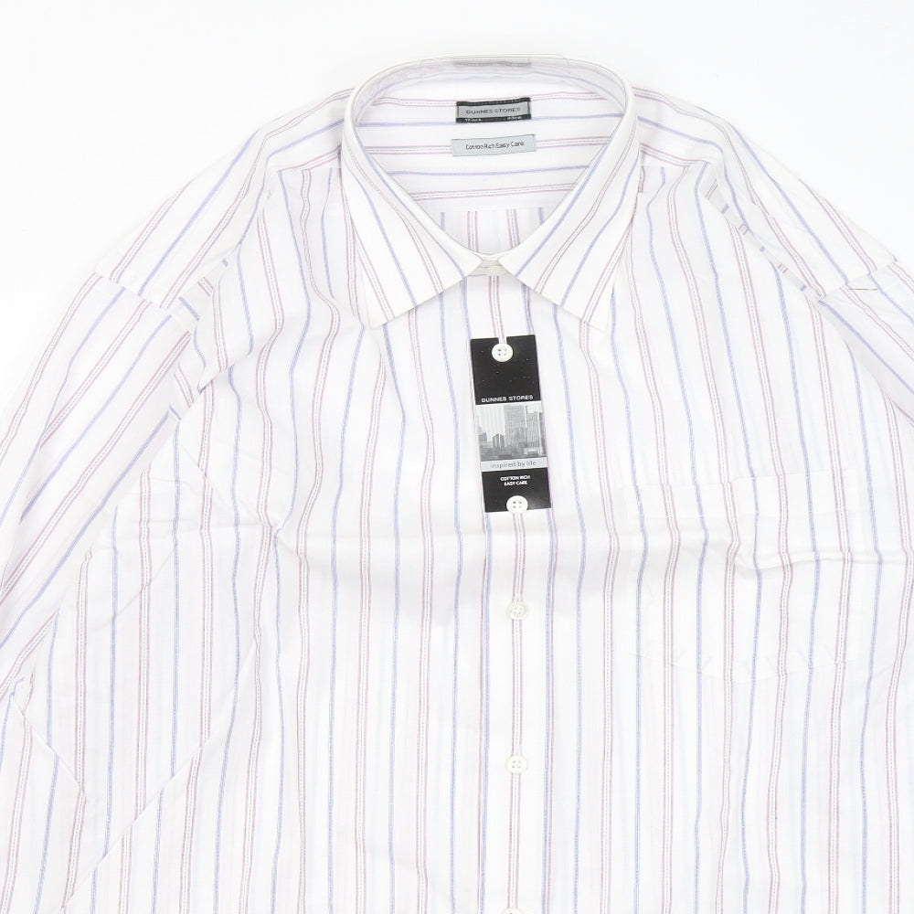 Dunnes Stores Mens White Striped Cotton Button-Up Size 17 Collared